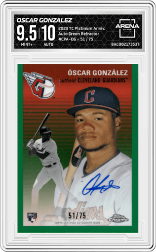 Oscar Gonzalez from the 2023 Topps Chrome Platinum Anniversary set featuring a Green Refractor parallel graded by Arena Club and given an overall grade of 9.5.