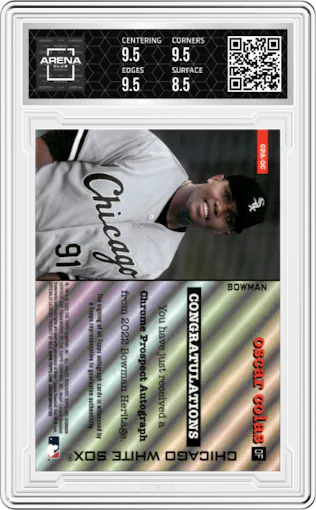 Oscar Colas from the 2022 Bowman Heritage set graded by Arena Club and given an overall grade of 9.