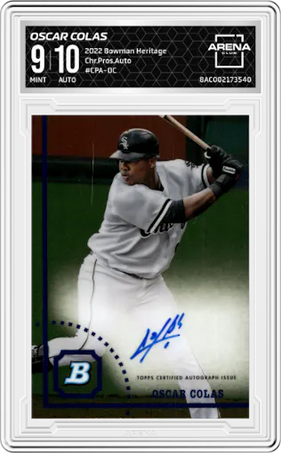 Oscar Colas from the 2022 Bowman Heritage set graded by Arena Club and given an overall grade of 9.