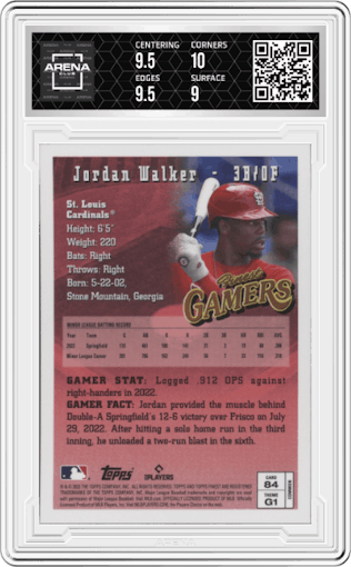 Jordan Walker from the 2023 Topps Finest Flashbacks set graded by Arena Club and given an overall grade of 9.5.