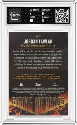 Jordan Lawlar from the 2024 Bowman set featuring a Mini-Diamond Refractor parallel graded by Arena Club and given an overall grade of 9.5.