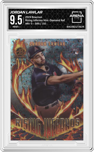 Jordan Lawlar from the 2024 Bowman set featuring a Mini-Diamond Refractor parallel graded by Arena Club and given an overall grade of 9.5.