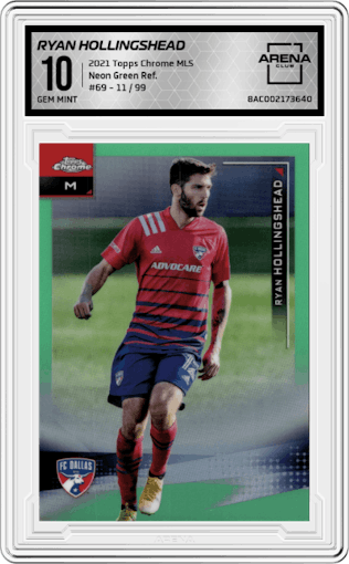 Ryan Hollingshead from the 2021 Topps Chrome MLS  set featuring a Neon Green Refractor parallel graded by Arena Club and given an overall grade of 10.