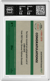 Livan Soto from the 2023 Topps Chrome Platinum Anniversary set graded by Arena Club and given an overall grade of 9.