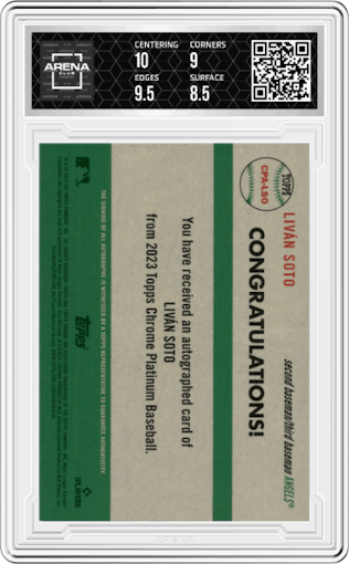 Livan Soto from the 2023 Topps Chrome Platinum Anniversary set graded by Arena Club and given an overall grade of 9.