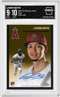 Livan Soto from the 2023 Topps Chrome Platinum Anniversary set graded by Arena Club and given an overall grade of 9.