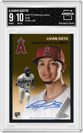 Livan Soto from the 2023 Topps Chrome Platinum Anniversary set graded by Arena Club and given an overall grade of 9.