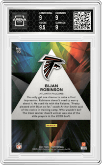 Bijan Robinson from the 2023 Panini Prizm set graded by Arena Club and given an overall grade of 9.
