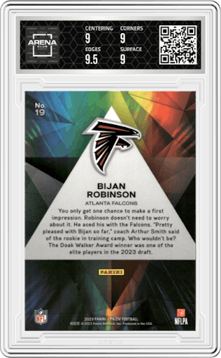 Bijan Robinson from the 2023 Panini Prizm set graded by Arena Club and given an overall grade of 9.