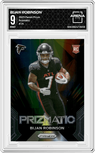 Bijan Robinson from the 2023 Panini Prizm set graded by Arena Club and given an overall grade of 9.