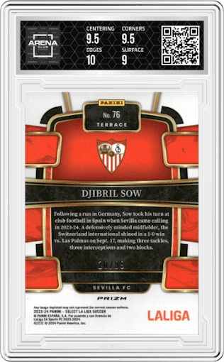 Djibril Sow from the 2023-24 Panini Select La Liga set featuring a Winter Camo Prizm parallel graded by Arena Club and given an overall grade of 9.5.