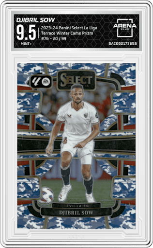 Djibril Sow from the 2023-24 Panini Select La Liga set featuring a Winter Camo Prizm parallel graded by Arena Club and given an overall grade of 9.5.