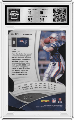 Tom Brady from the 2021 Panini Spectra set featuring a Die-Cut Neon Blue parallel graded by Arena Club and given an overall grade of 10.