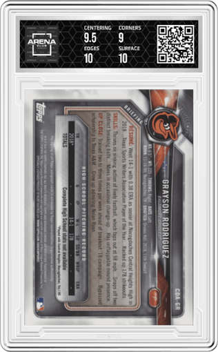 Grayson Rodriguez from the 2018 Bowman Draft set graded by Arena Club and given an overall grade of 9.5.