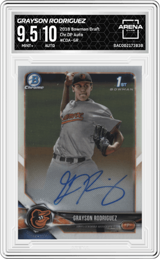 Grayson Rodriguez from the 2018 Bowman Draft set graded by Arena Club and given an overall grade of 9.5.