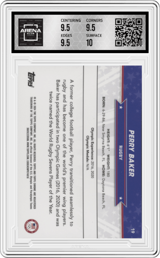 Perry Baker from the 2024 Topps Chrome U.S. Olympics & Paralympic Hopefuls set featuring a US Flag Refractor parallel graded by Arena Club and given an overall grade of 10.