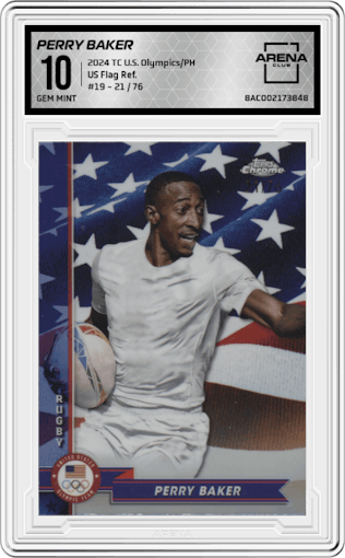 Perry Baker from the 2024 Topps Chrome U.S. Olympics & Paralympic Hopefuls set featuring a US Flag Refractor parallel graded by Arena Club and given an overall grade of 10.