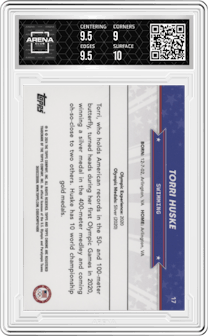 Torri Huske from the 2024 Topps Chrome U.S. Olympics & Paralympic Hopefuls set featuring a Aqua Refractor parallel graded by Arena Club and given an overall grade of 9.5.
