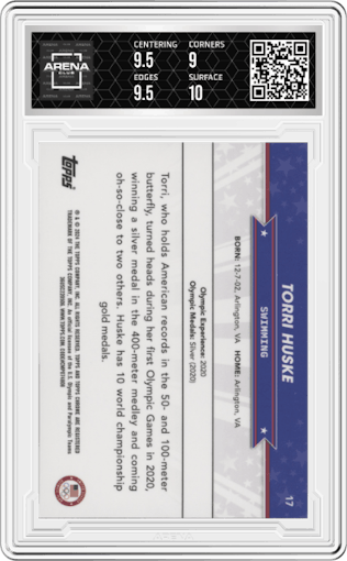 Torri Huske from the 2024 Topps Chrome U.S. Olympics & Paralympic Hopefuls set featuring a Aqua Refractor parallel graded by Arena Club and given an overall grade of 9.5.