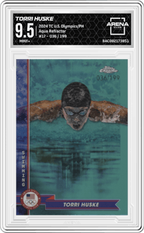 Torri Huske from the 2024 Topps Chrome U.S. Olympics & Paralympic Hopefuls set featuring a Aqua Refractor parallel graded by Arena Club and given an overall grade of 9.5.