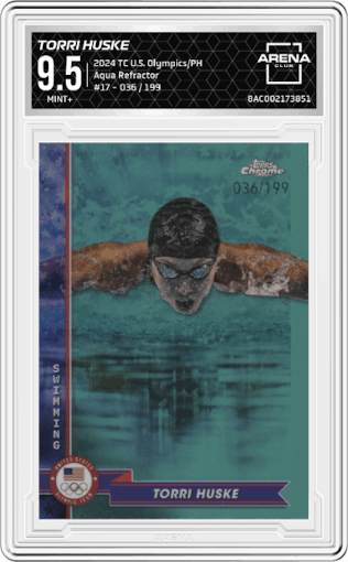 Torri Huske from the 2024 Topps Chrome U.S. Olympics & Paralympic Hopefuls set featuring a Aqua Refractor parallel graded by Arena Club and given an overall grade of 9.5.