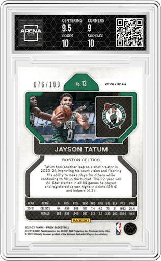 Jayson Tatum from the 2021-22 Panini Prizm  set featuring a Fast Break Red parallel graded by Arena Club and given an overall grade of 9.5.