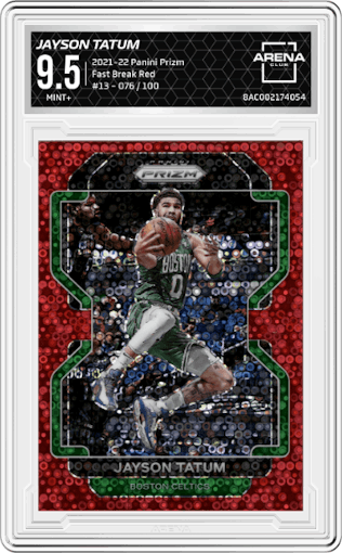 Jayson Tatum from the 2021-22 Panini Prizm  set featuring a Fast Break Red parallel graded by Arena Club and given an overall grade of 9.5.