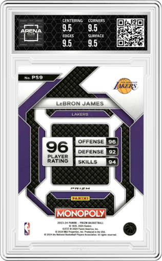 LeBron James from the 2023-24 Panini Prizm Monopoly set featuring a Purple parallel graded by Arena Club and given an overall grade of 9.5.
