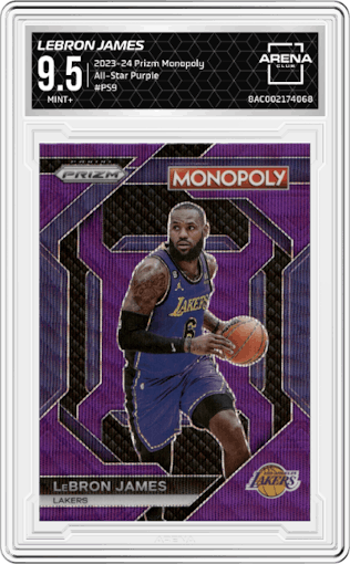 LeBron James from the 2023-24 Panini Prizm Monopoly set featuring a Purple parallel graded by Arena Club and given an overall grade of 9.5.