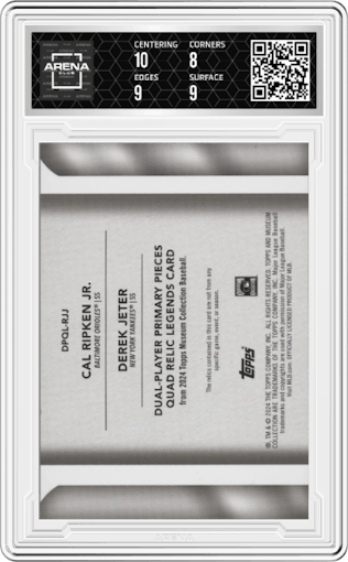 Cal Ripken Jr./Derek Jeter from the 2024 Topps Museum Collection set featuring a Copper parallel graded by Arena Club and given an overall grade of 8.5.