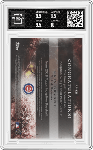 Kris Bryant from the 2018 Topps Inception set featuring a Magenta parallel graded by Arena Club and given an overall grade of 9.