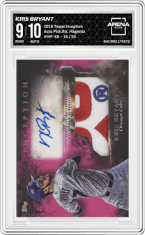 Kris Bryant from the 2018 Topps Inception set featuring a Magenta parallel graded by Arena Club and given an overall grade of 9.