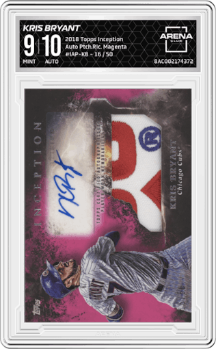 Kris Bryant from the 2018 Topps Inception set featuring a Magenta parallel graded by Arena Club and given an overall grade of 9.