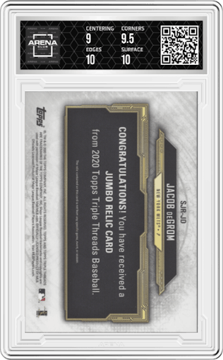 Jacob deGrom from the 2020 Topps Triple Threads set featuring a Sapphire parallel graded by Arena Club and given an overall grade of 9.5.