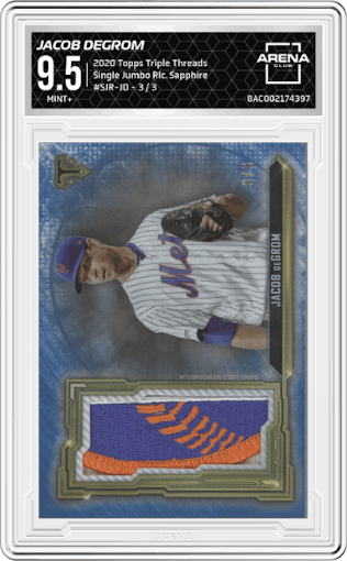 Jacob deGrom from the 2020 Topps Triple Threads set featuring a Sapphire parallel graded by Arena Club and given an overall grade of 9.5.