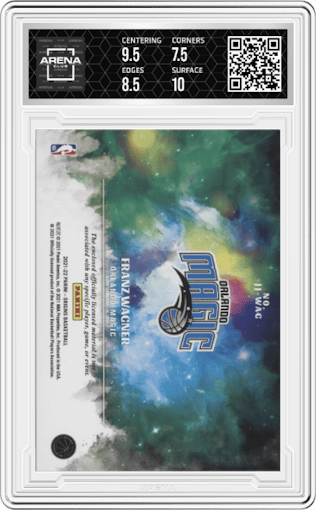 Franz Wagner from the 2021-22 Panini Origins set featuring a Blue parallel graded by Arena Club and given an overall grade of 8.