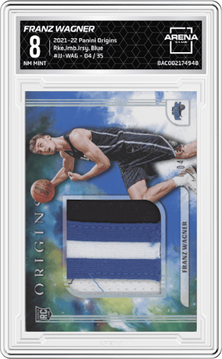 Franz Wagner from the 2021-22 Panini Origins set featuring a Blue parallel graded by Arena Club and given an overall grade of 8.