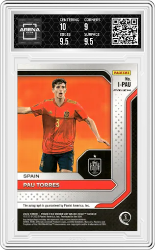 Pau Torres from the 2022 Panini Prizm FIFA WC Qatar set featuring a Choice parallel graded by Arena Club and given an overall grade of 9.5.