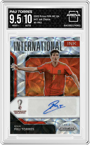 Pau Torres from the 2022 Panini Prizm FIFA WC Qatar set featuring a Choice parallel graded by Arena Club and given an overall grade of 9.5.