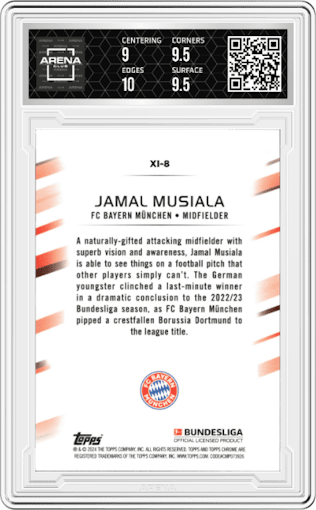 Jamal Musiala from the 2023-24 Topps Chrome Bundesliga set graded by Arena Club and given an overall grade of 9.5.