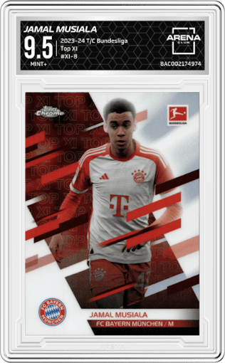 Jamal Musiala from the 2023-24 Topps Chrome Bundesliga set graded by Arena Club and given an overall grade of 9.5.