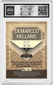 Demarcco Hellams from the 2023 Wild Card 5 Card Draw set featuring a Gold Holographic Rainbow Foil parallel graded by Arena Club and given an overall grade of 10.