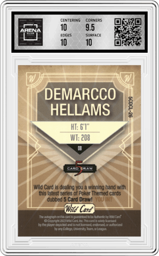 Demarcco Hellams from the 2023 Wild Card 5 Card Draw set featuring a Gold Holographic Rainbow Foil parallel graded by Arena Club and given an overall grade of 10.