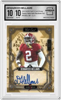 Demarcco Hellams from the 2023 Wild Card 5 Card Draw set featuring a Gold Holographic Rainbow Foil parallel graded by Arena Club and given an overall grade of 10.