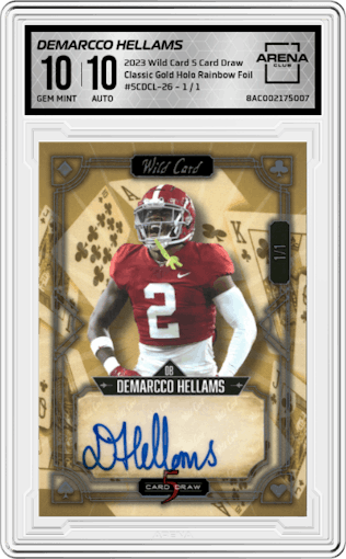 Demarcco Hellams from the 2023 Wild Card 5 Card Draw set featuring a Gold Holographic Rainbow Foil parallel graded by Arena Club and given an overall grade of 10.
