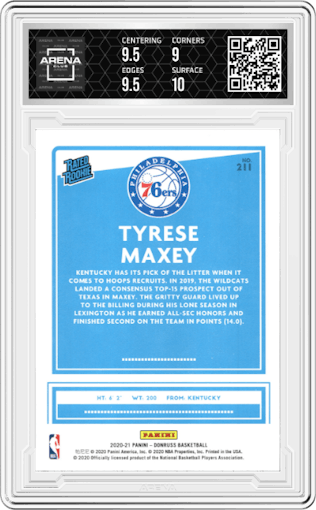 Tyrese Maxey from the 2020-21 Panini Donruss set graded by Arena Club and given an overall grade of 9.5.