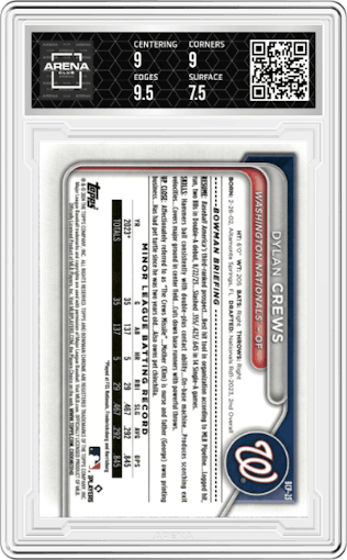 Dylan Crews from the 2024 Bowman set featuring a Blue Raywave Refractors parallel graded by Arena Club and given an overall grade of 8.