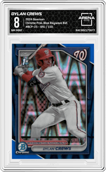Dylan Crews from the 2024 Bowman set featuring a Blue Raywave Refractors parallel graded by Arena Club and given an overall grade of 8.