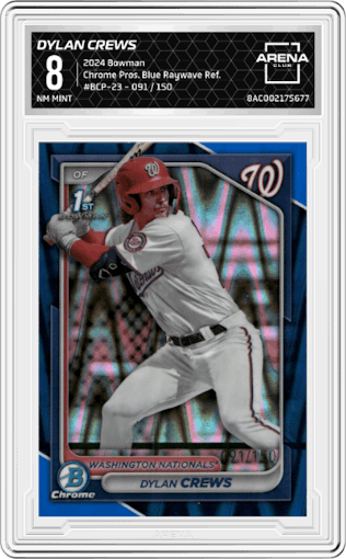Dylan Crews from the 2024 Bowman set featuring a Blue Raywave Refractors parallel graded by Arena Club and given an overall grade of 8.