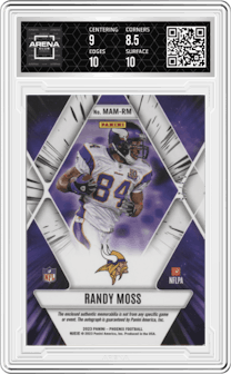 Randy Moss  from the 2023 Panini Phoenix set featuring a Green parallel graded by Arena Club and given an overall grade of 9.